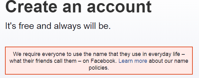 Um sich bei Facebook zu registrieren, wird empfohlen sich mit Klarnamen anzumelden.