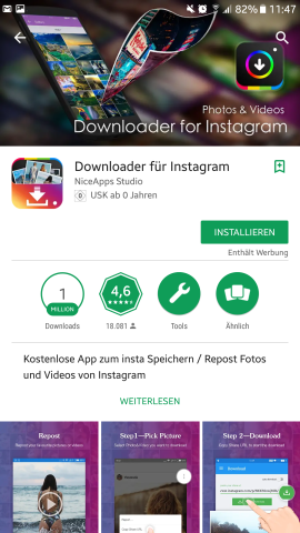 Auch der Downloader for Instagram erfüllt seinen Zweck.