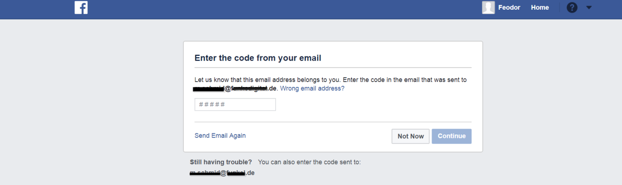Die E-Mailadresse muss bei der Anmeldung bei Facebook durch einen Code geprüft werden.