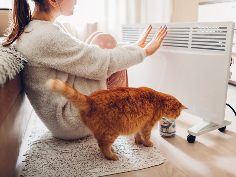 Frau und Katze vor Heizkörper