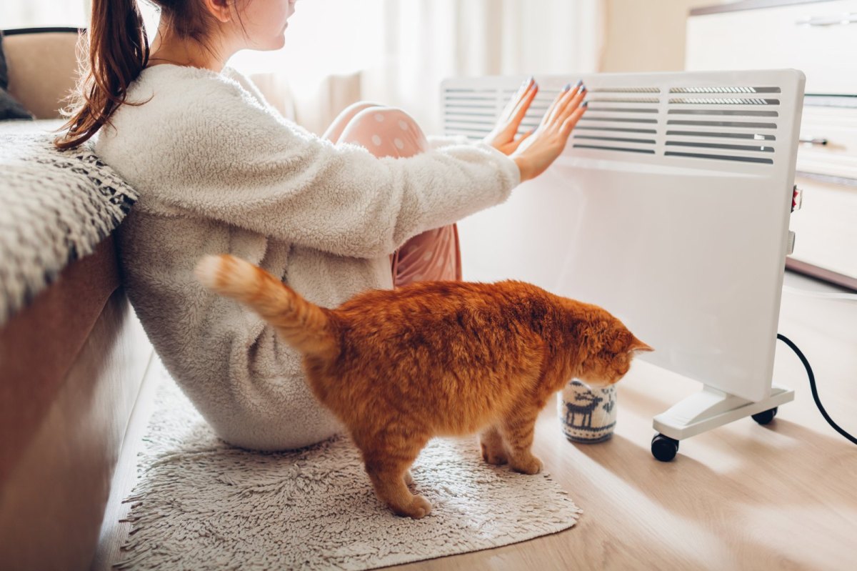 Frau und Katze vor Heizkörper