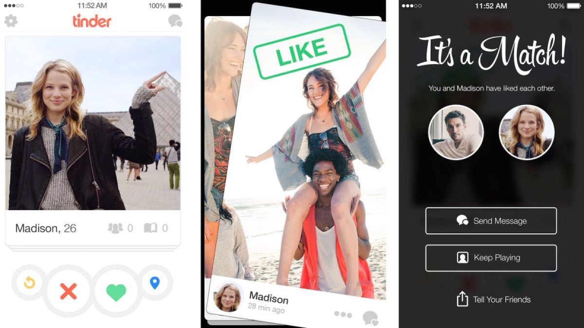 Verschiedene Screenshots zeigen die Tinder-App.