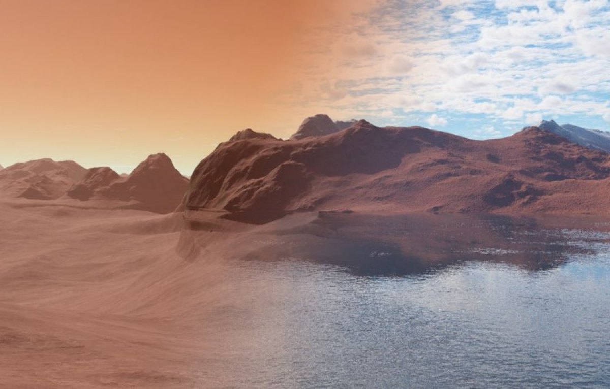 Bildzusammensetzung aus Marslandschaft ohne und Marslandschaft mit Wasser.