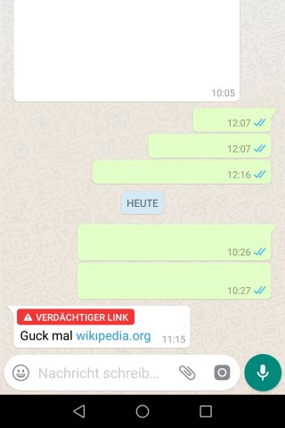 Im Selbstversuch haben wir einen Wikipedia-Link mit einem Sonderzeichen manipuliert, das einem i ähnelt. In Test hat nur die aktuelle WhatsApp-Version auf einem Android-Gerät die Warnung ausgespielt. Bei einem iPhone fehlte die Meldung