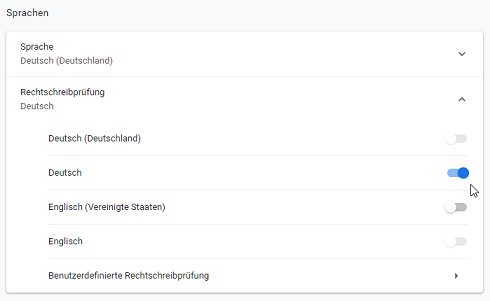 Ebenso könnt ihr unter "Sprachen" die Rechtschreibprüfung einstellen.