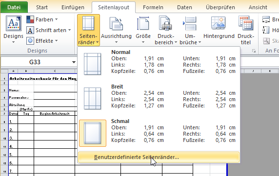 Hat euer Dokument klare Vorgaben, so geht ihr am besten unter "Seitenlayout" zu "Seitenränder" und wählt "Benutzerdefinierte Seitenränder" aus.