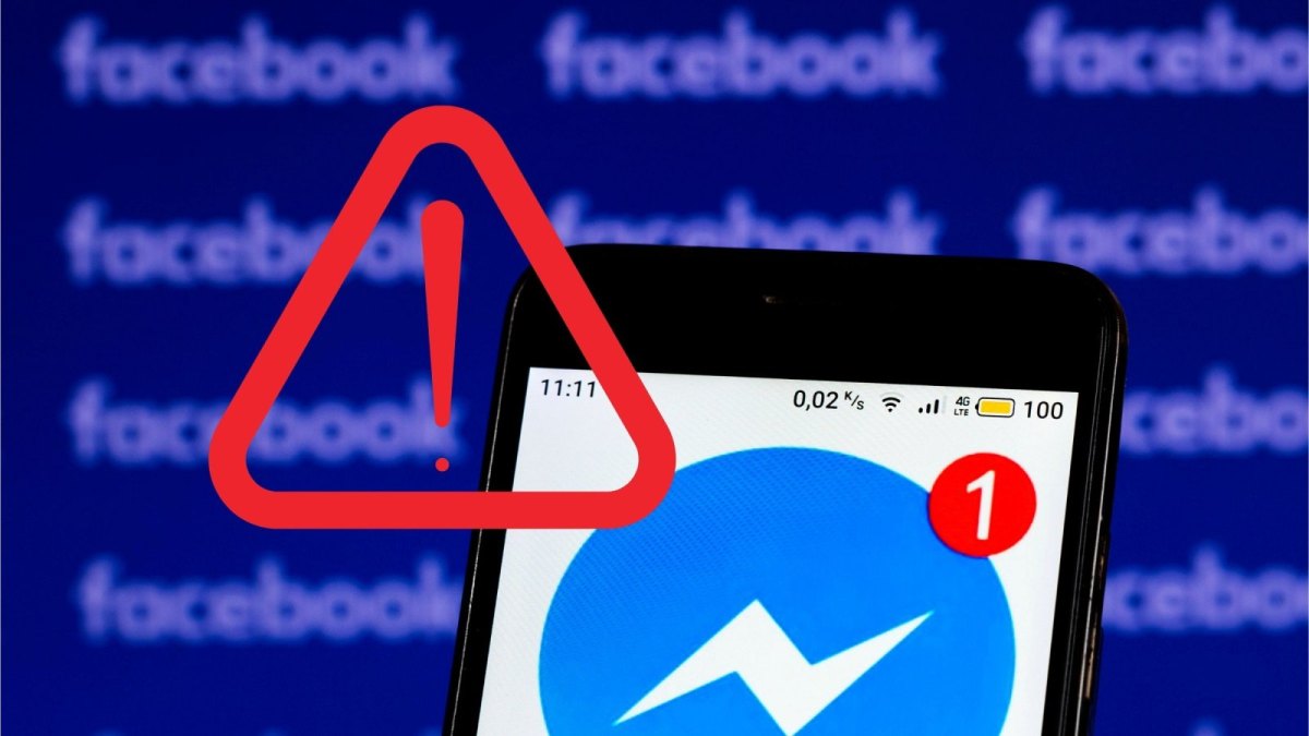 Facebook Messenger mit einer Nachricht und einem Achtung-Symbol mit Ausrufezeichen.