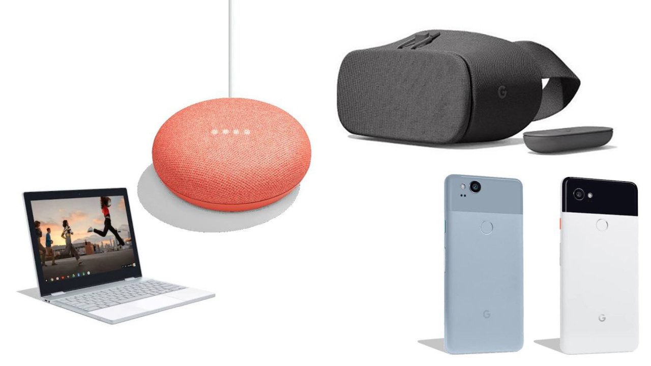 Durchgesickerte Bilder der neuesten Google-Hardware: Pixelbook, Google Home Mini, Daydream View, Pixel 2 und Pixel 2 XL (nicht maßstabsgetreu).