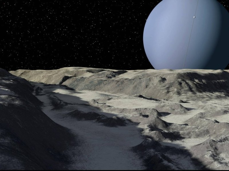 Illustration des Uranus gesehen von der Oberfläche seines Mondes Ariel