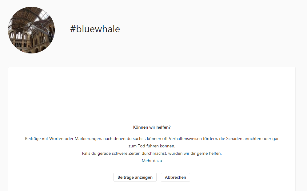 Sucht man bei Instagram nach #bluewhale, öffnet sich eine Warnung.