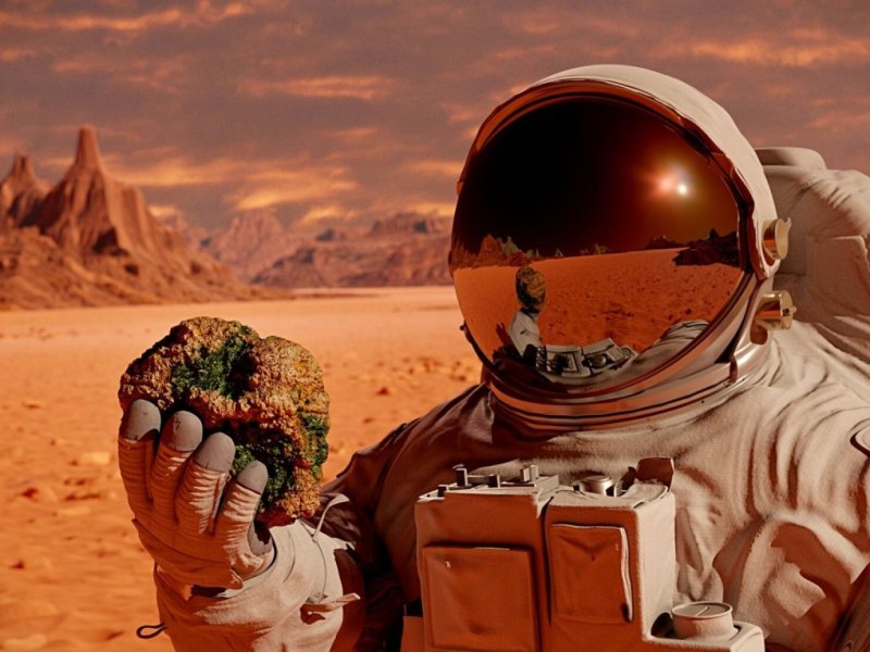 Astronaut mit Mars-Gestein in der Hand