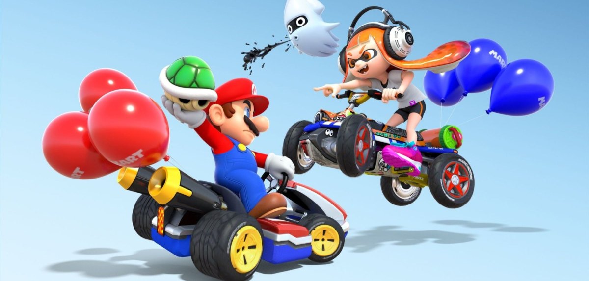 Mario und der weibliche Splatoon-Inkling im Kart-Duell