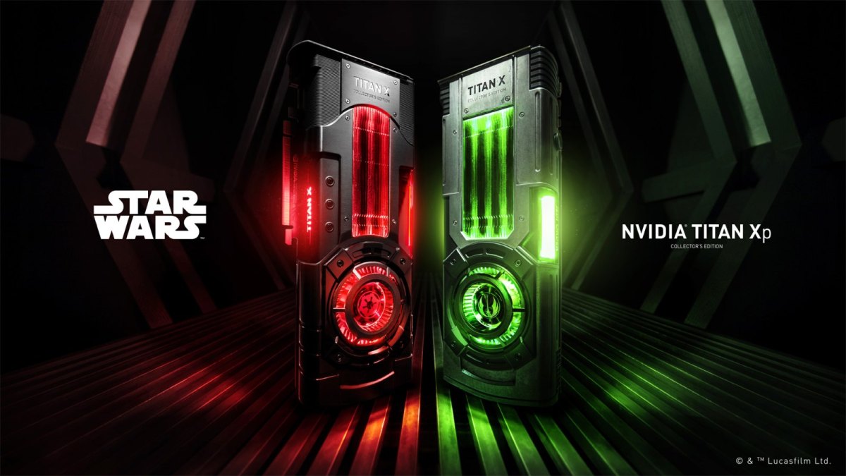 NVIDIA TITAN Xp Grafikkarten im Star-Wars-Look. Links das Modell Galaktisches Imperium