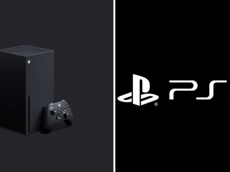 Die Xbox Series X (links) und das PS5-Logo (rechts)