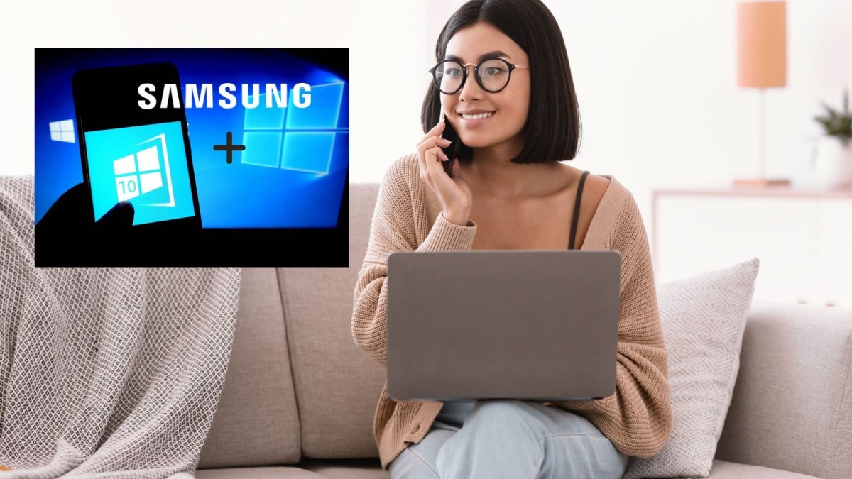 Frau am Handy und Laptop. Samsung- und Windows 10-Logo.