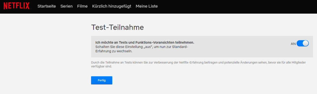 Die Test-Teilnahme an Netflix-Werbung stellt ihr per Schalter einfach ab.