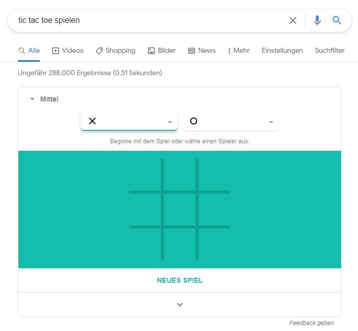 Gib "tic tac toe spielen" bei Google ein.