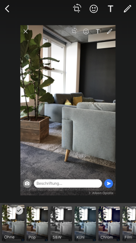 Die Symbole im oberen rechten Bereich zeigen die verschiedenen Möglichkeiten der Bearbeitung, unter dem Bild die verschiedenen WhatsApp Foto-Filter. 