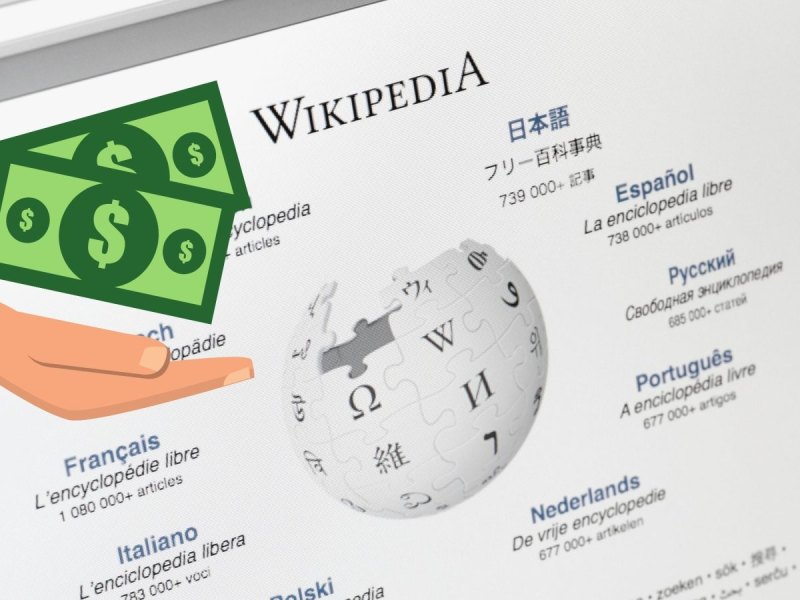 Wikipedia Logo und eine Hand