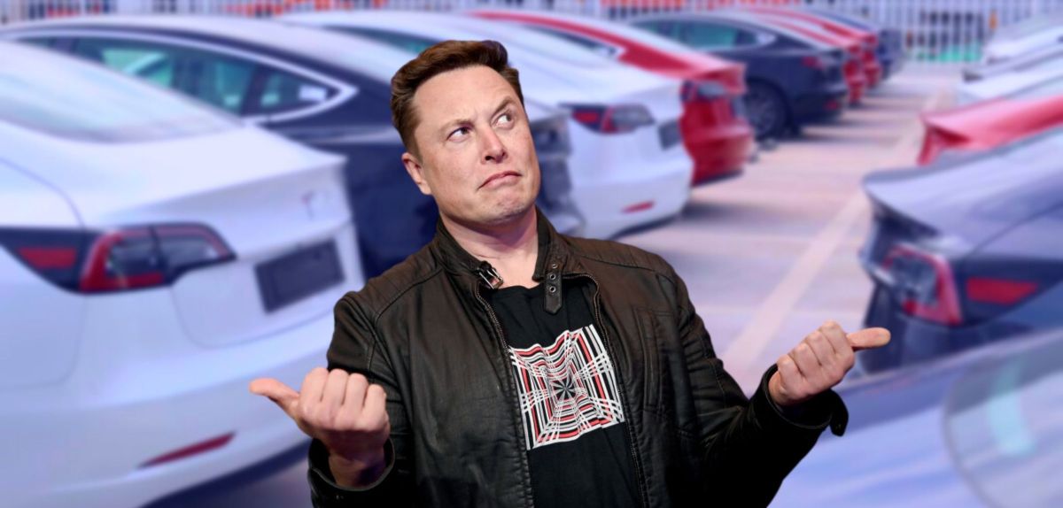 Elon Musk vor Elektroautos der Marke Tesla