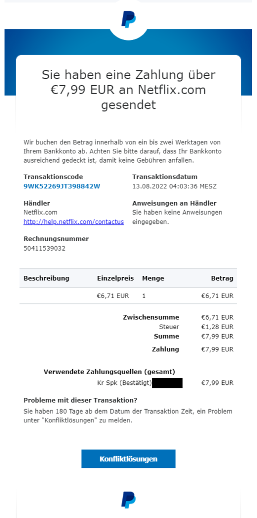 Screenshot einer Betrugsmail im PayPal-Layout.