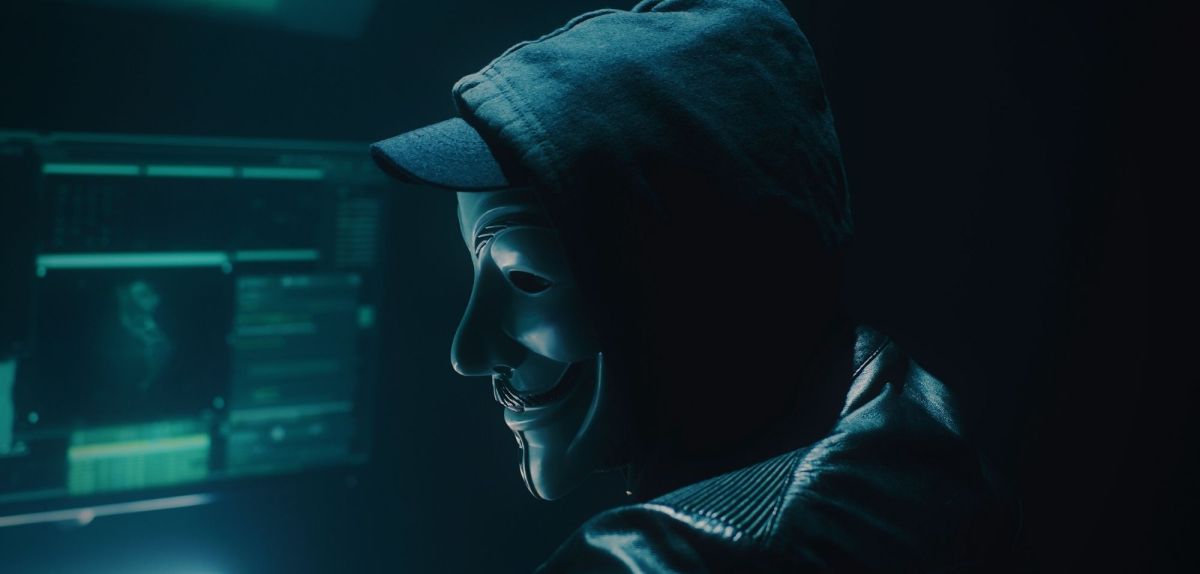 Person mit Guy Fawkes-Maske vor einem Monitor