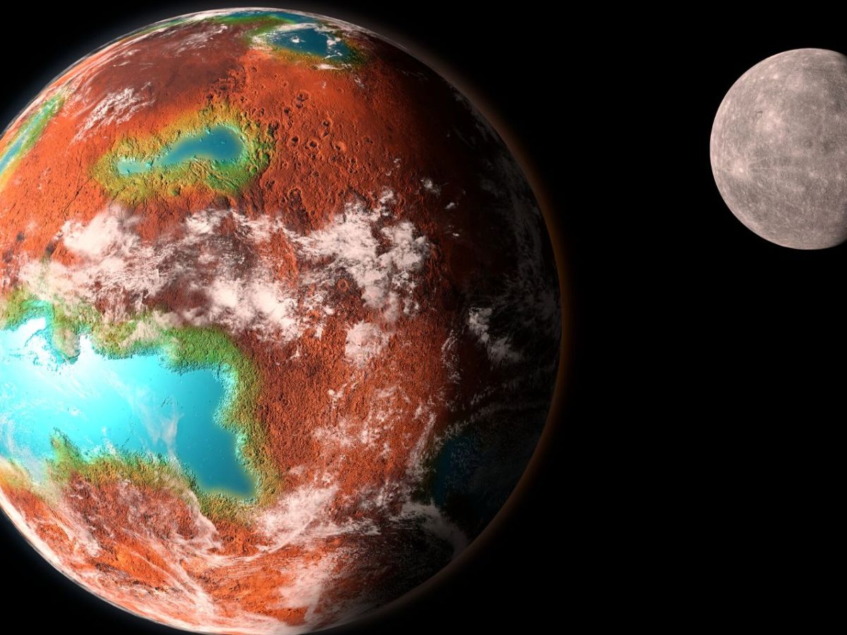 Grafische Darstellung eines Exoplaneten mit einem Mond.