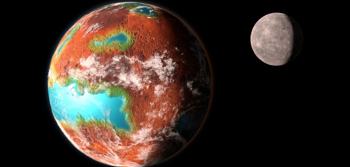 Grafische Darstellung eines Exoplaneten mit einem Mond.