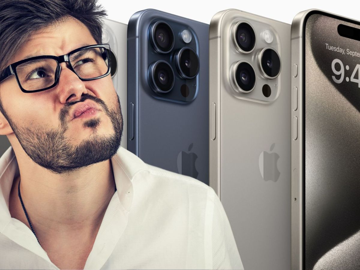 iPhone 15 Pro im Hintergrund. Vordergrund: grübelnder Mann