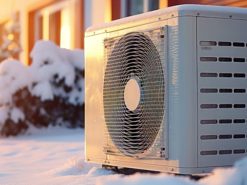 Wrämepumpe im Winter mit Schnee bedeckt.