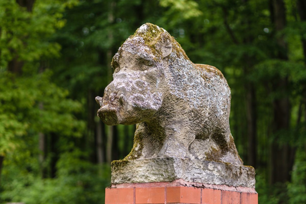 Statue eines Wildschweins.