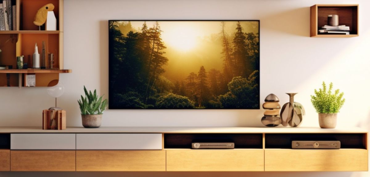 Fernseher mit Naturaufnahme an der Wand montiert.