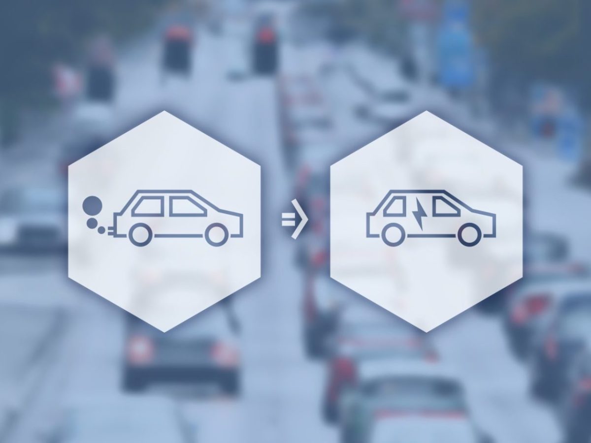 Symbolische Darstellung des Übergangs vom Verbrenner zum Elektroauto