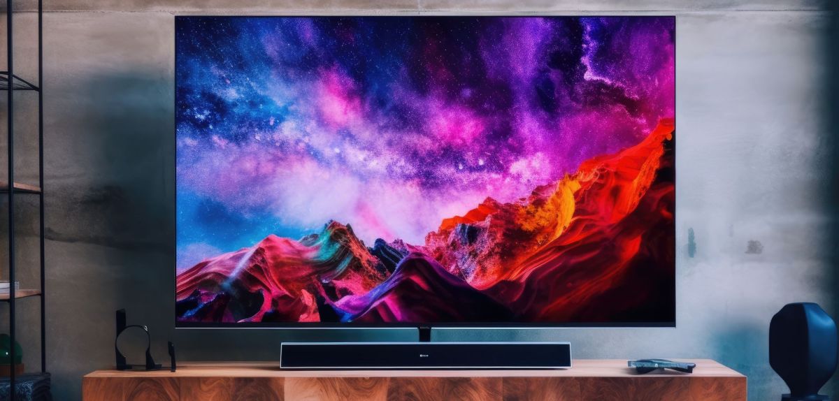 KI-generiertes Bild von einem OLED-TV in einem Wohnzimmer.