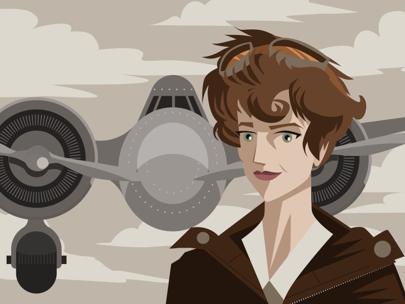 Illustration von Amelia Earhart vor ihrem Flugzeug