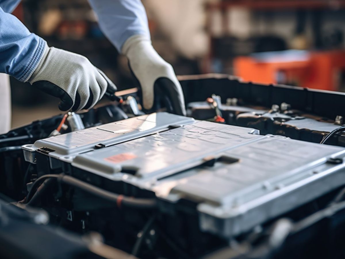 Mechaniker arbeitet an einer Batterie in einem Elektroauto.