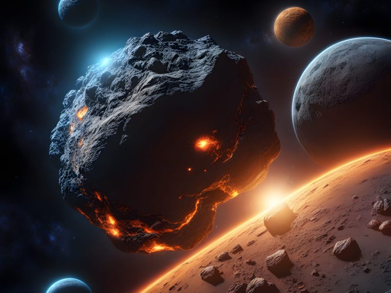 Asteroid schwebt über Planeten.