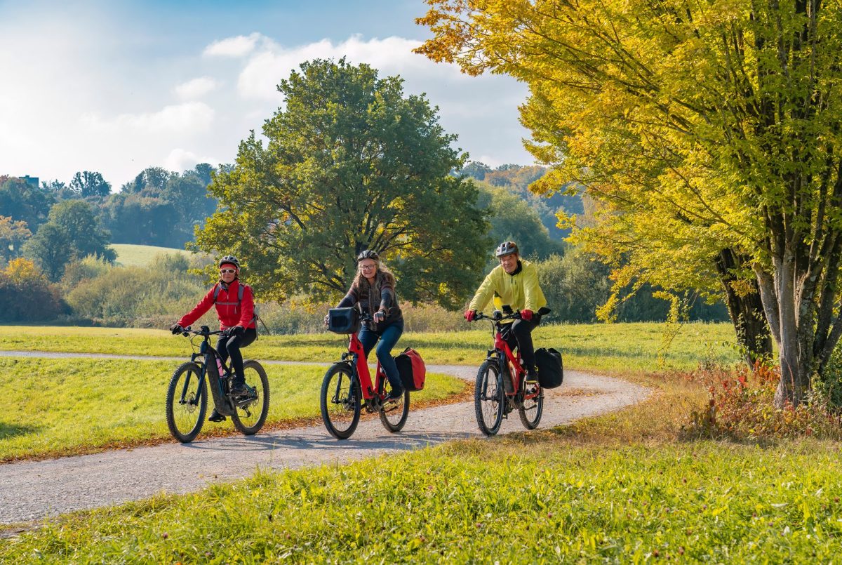 Drei Personen fahren auf E-Bikes.