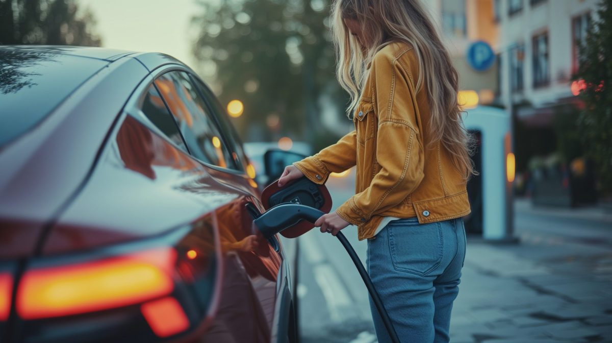 KI-generiertes Bild eines Elektroautos an einer Ladestation