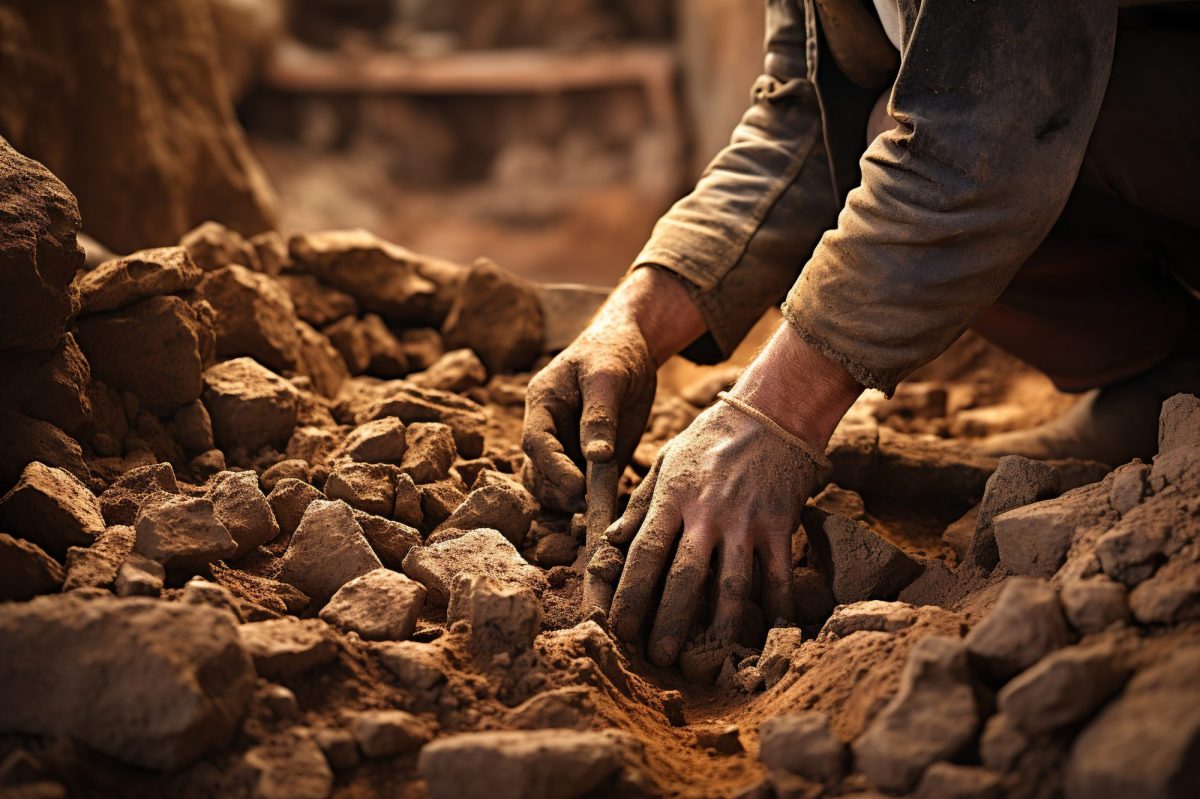 Hände arbeiten an einem archäologischen Fund.