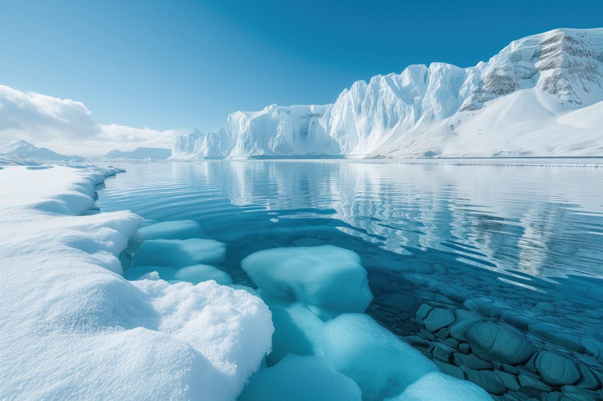 Eis treibt im Wasser in eisiger Landschaft