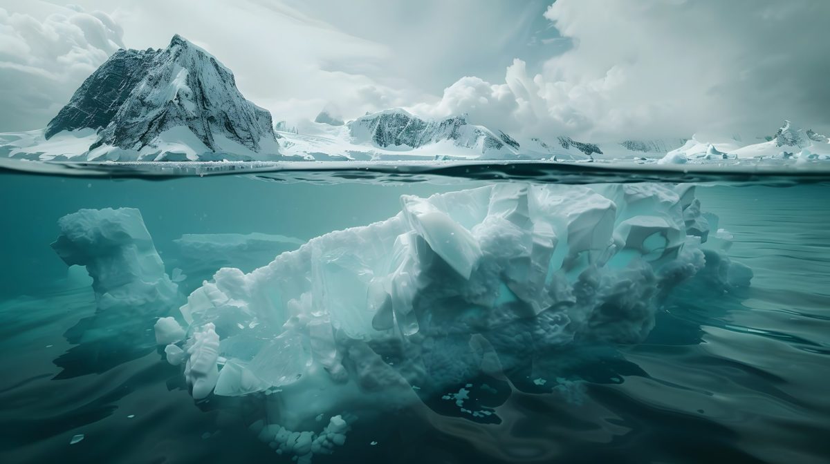 KI-generiertes Bild von Eisformationen über und unter dem Wasser.