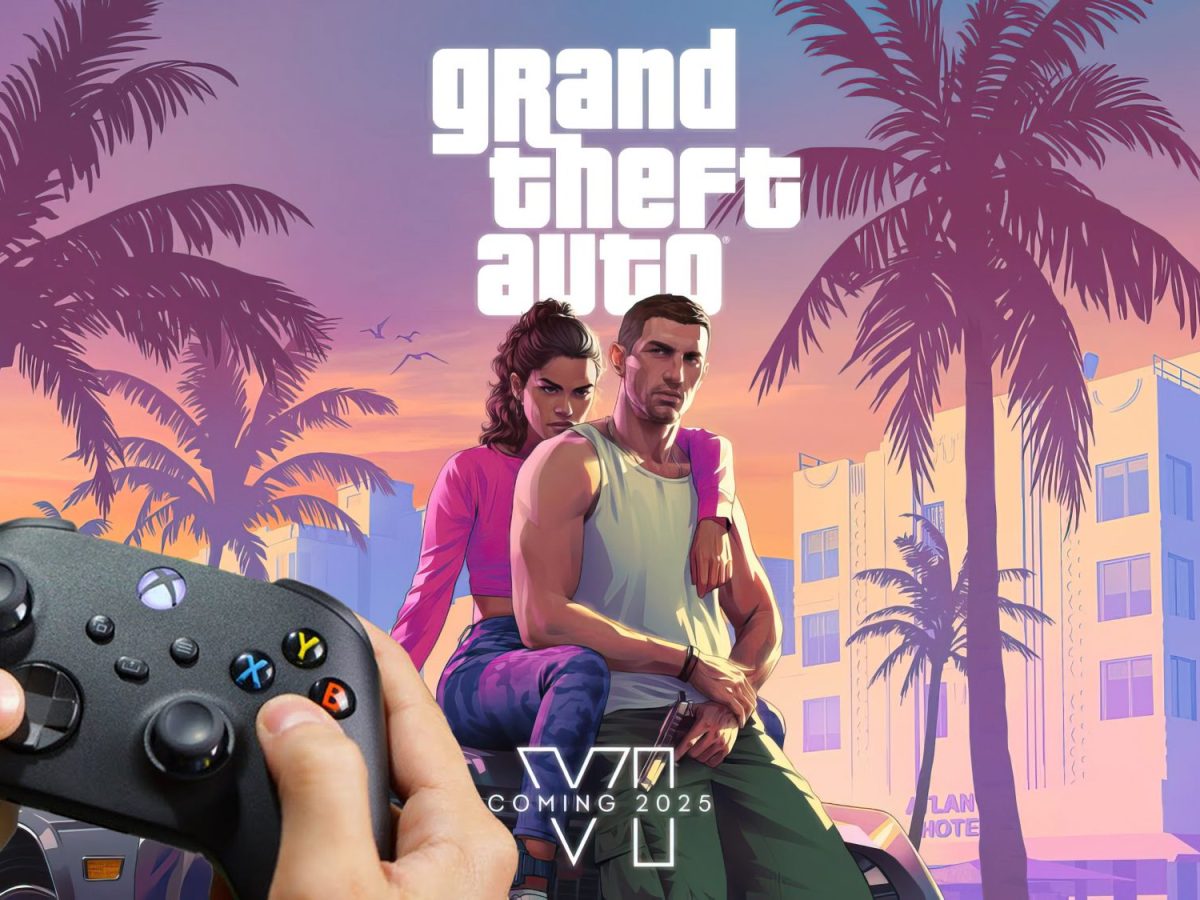 Cover-Bild zu "GTA 6". Im Vordergrund hält eine Person einen Xbox-Controller in der Hand.