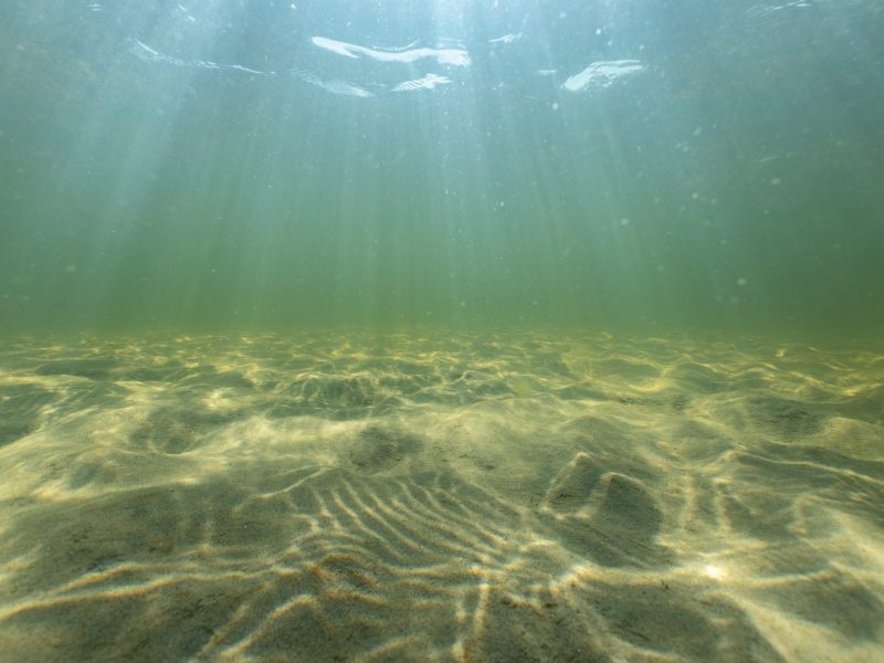 Lichtstrahlen schimmern durch die Wasseroberfläche auf den sandigen Meeresboden.