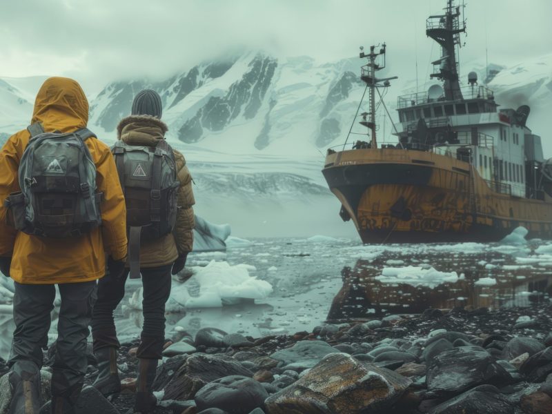 KI-generiertes Bild eines Forschungsschiffes in der Antarktis. Im Hintergrund sind mehrere Eisformationen zu sehen. Im Vordergrund stehen zwei Personen in Forschungsausrüstung.