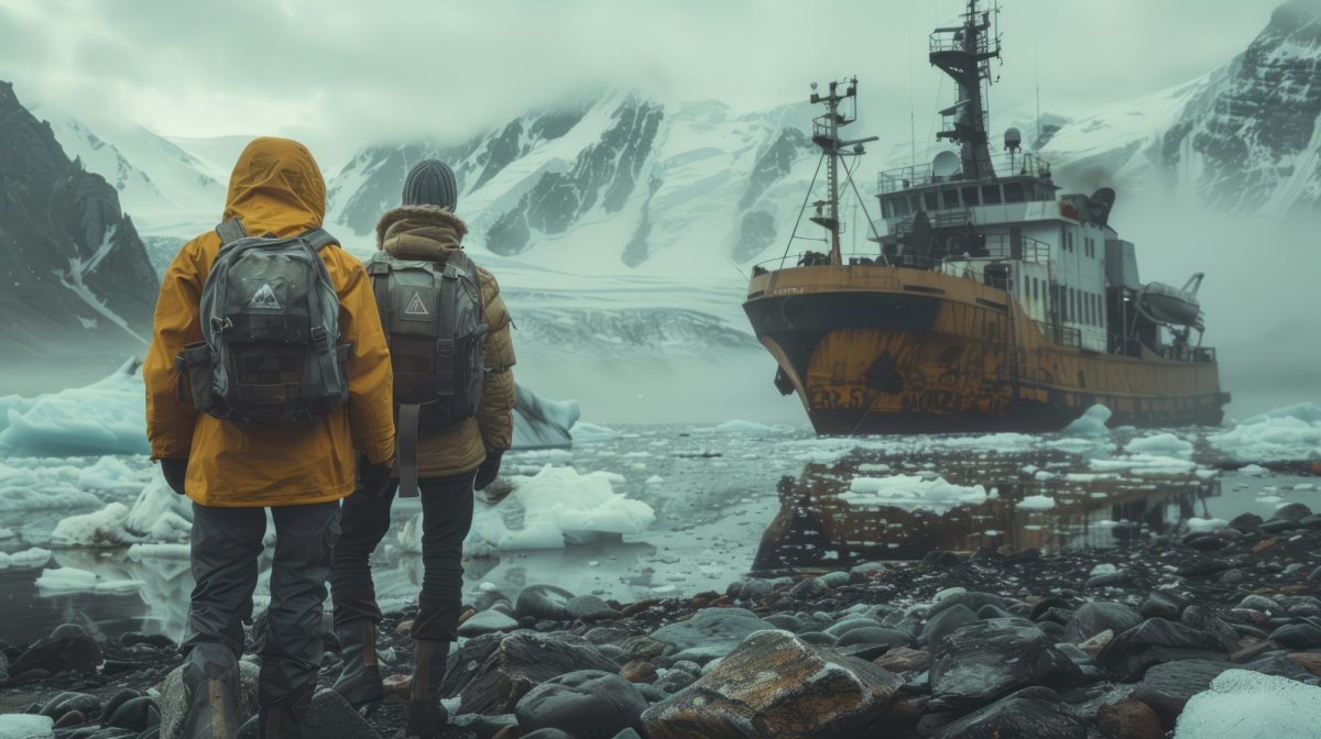 KI-generiertes Bild eines Forschungsschiffes in der Antarktis. Im Hintergrund sind mehrere Eisformationen zu sehen. Im Vordergrund stehen zwei Personen in Forschungsausrüstung.