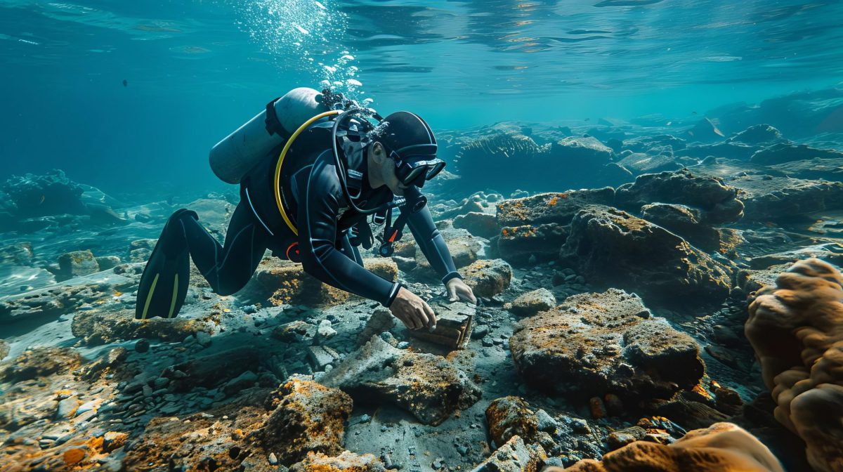 Taucher sucht am Meeresgrund nach einem archäologischen Fund.