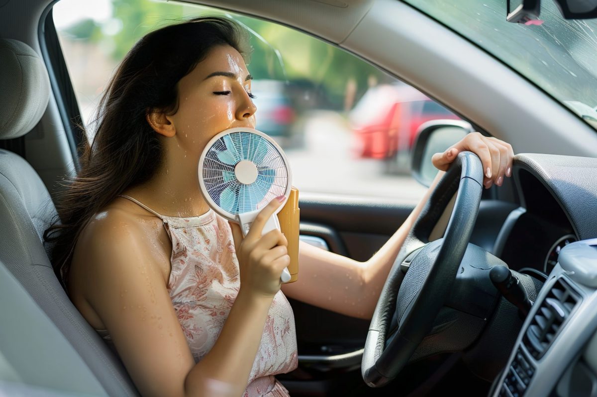 Frau sitzt am Steuer eines Autos. Sie schwitzt stark. In der Hand hält sie einen kleinen Ventilator.