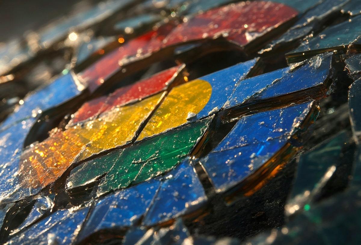 Google-Logo hinter zersprungenem Glas