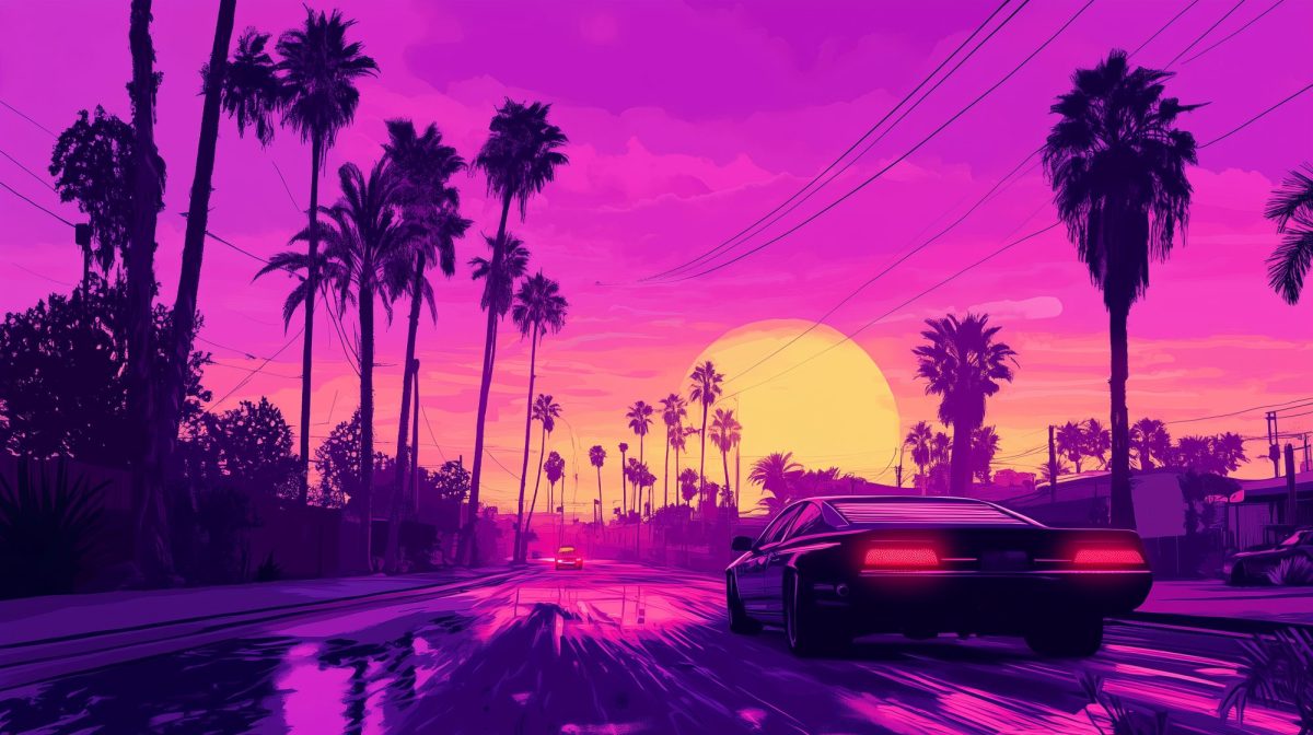 Eine Illustration im Stil der GTA-Spiele eines Sportwagens, der Richtung Sonnenuntergang fährt.